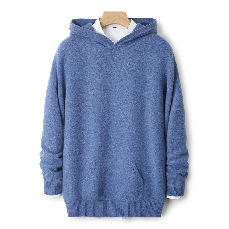 Men's 100% Pure Wool Knit Hoodie - Long Sleeve Solid Color Pullover for Autumn/Winter