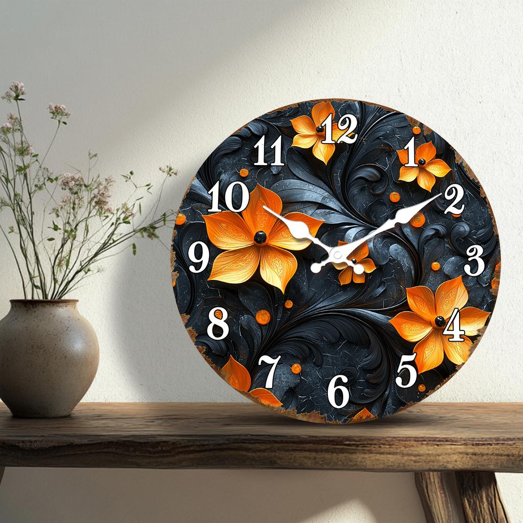 Vibrant Orange Flowers on Black Round Wall Clock, Floral Decorative Timepiece for Modern Interiors