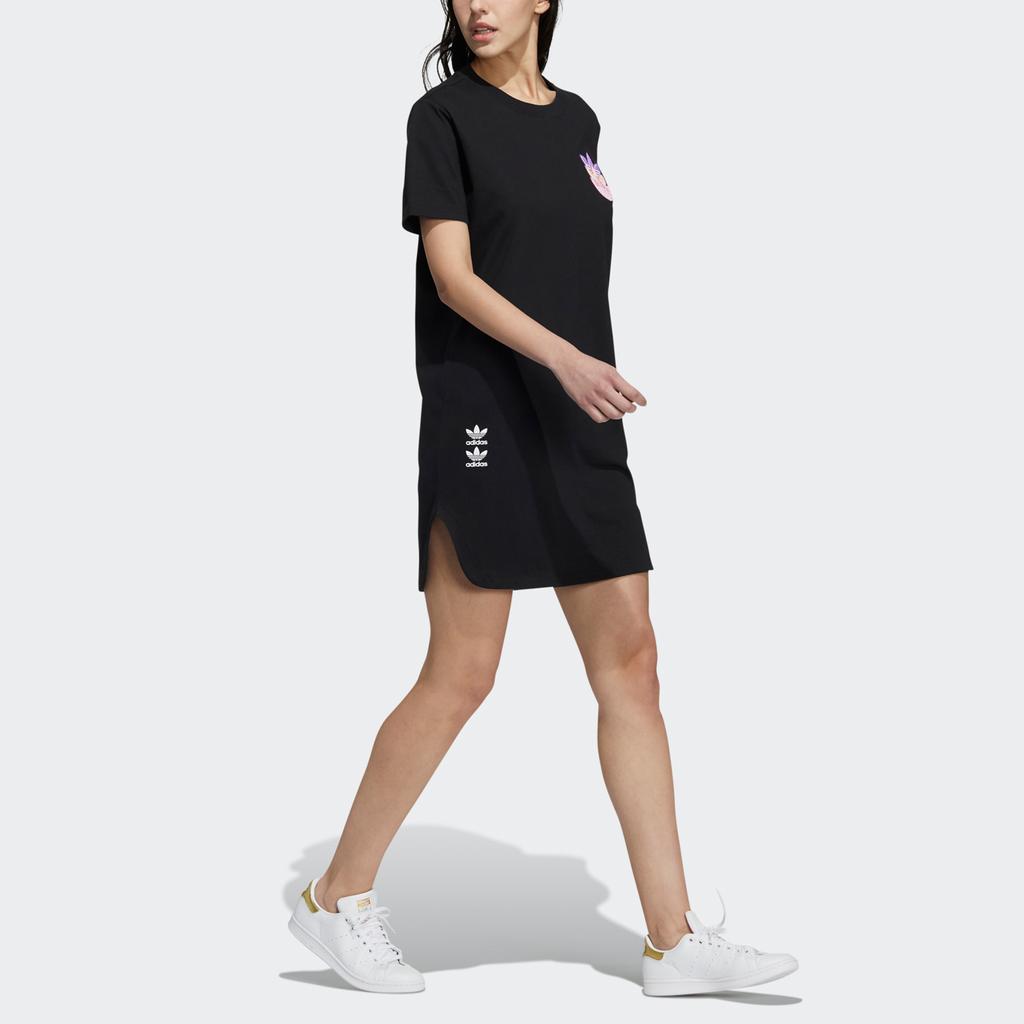 Adidas Originals Graphic Casual Sports Round Neck Triple Logo Breathable Short Sleeve Dress Women dresses Black HF0115