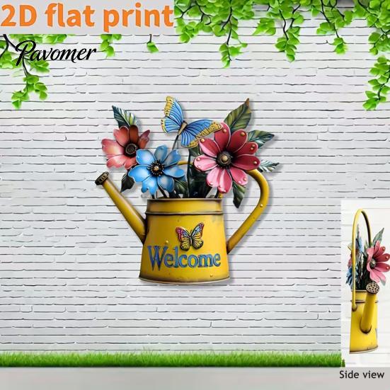Three Dimensional Wall Ornaments Rustic Metal Watering Can Art, Flower Butterfly Welcome Sign, Farmhouse Home Exterior Decorations Iron Hanging Decor