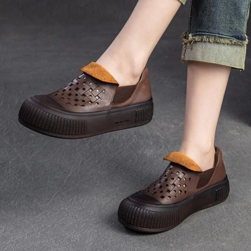 Johnature Simple Breathable Hollow-out Shoes Retro Genuine Leather Thick Sole Women's Flat Platform Shoes