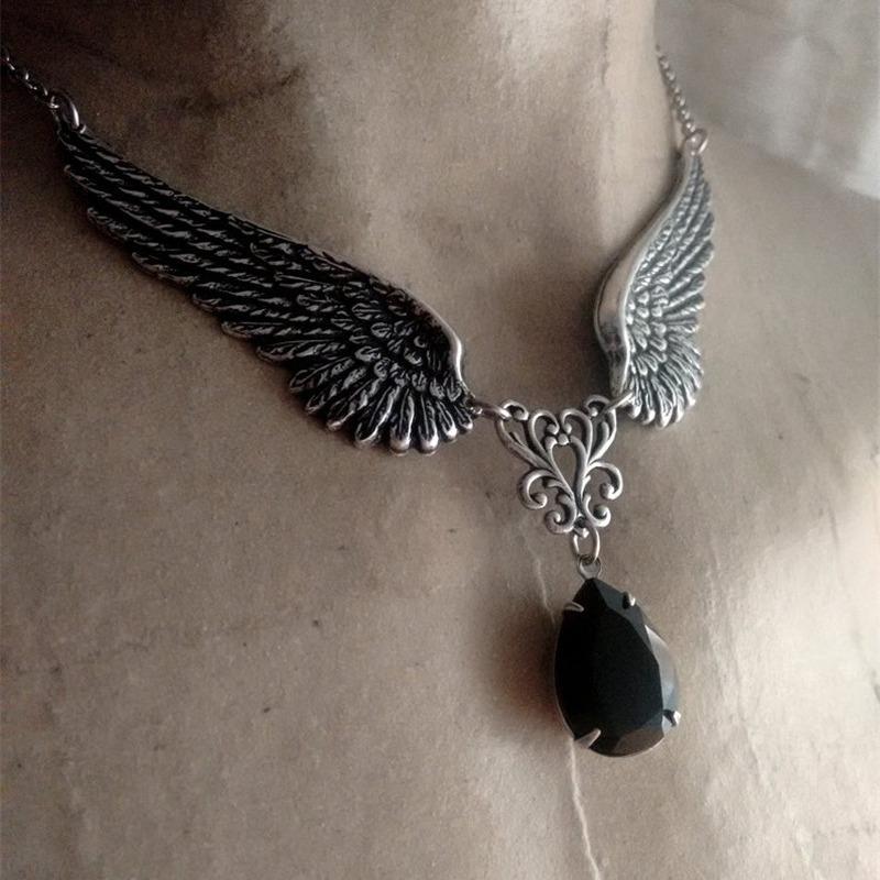 Gothic Angel Wings Black Dangle Necklace