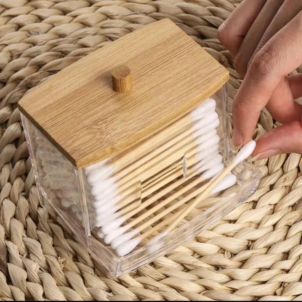 Cotton Swab Storage Box Double Head Cotton Bud Container with Bamboo Cover Transparent Square Cotton Swab Toothpick Organize Box