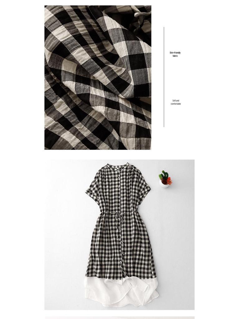 Plaid Patchwork Round Neck Dress - Casual Loose Fit, Japanese Style for Women, Spring/Summer