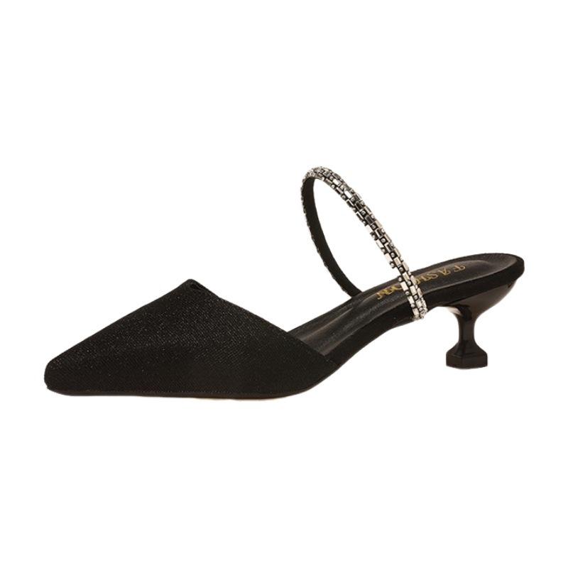 Pointed Sandals French High Heels 2025 New Rhinestone Fashion Bag Head Sandals Head Thick Heel Wear Half Slippers Women