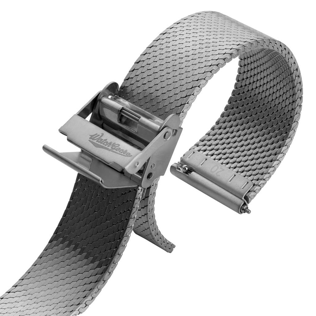 WatchGecko Calibre 1960 Mesh-Uhrenarmband Ultra-dünnes Edelstahlarmband Gebürstetes Silber 21mm