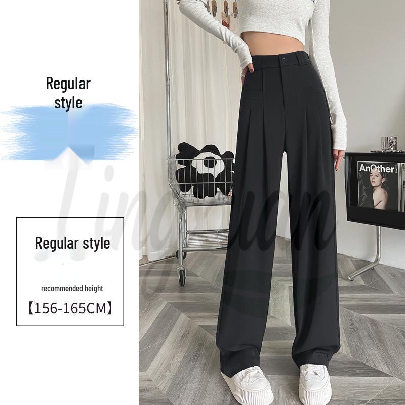 Women's High-Waist Black Pear-Shaped Pants - Plus Size, Slim, Straight, Wide-Leg, Spring/Summer Casual Wear