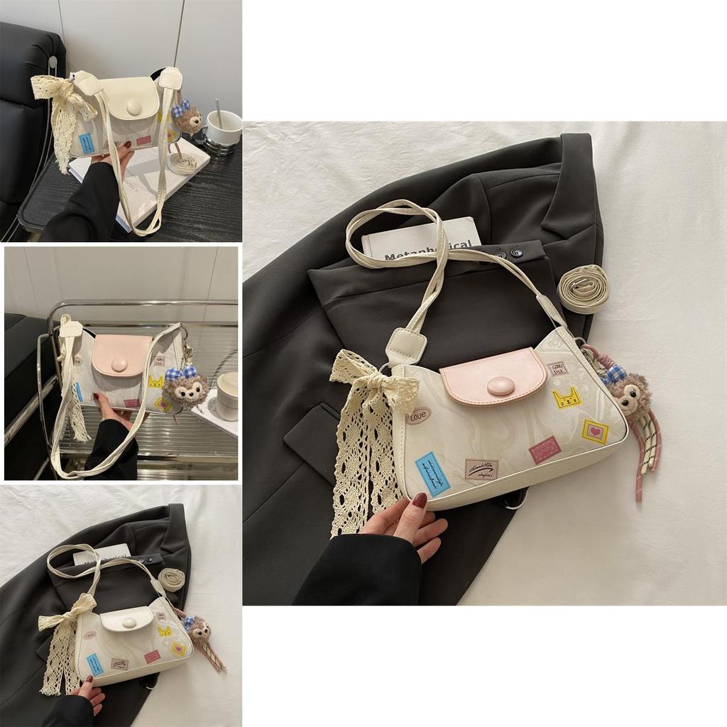 Ladies Pu Compact Handbag With Lace Bow And Doll Pendantfor Casual Outings