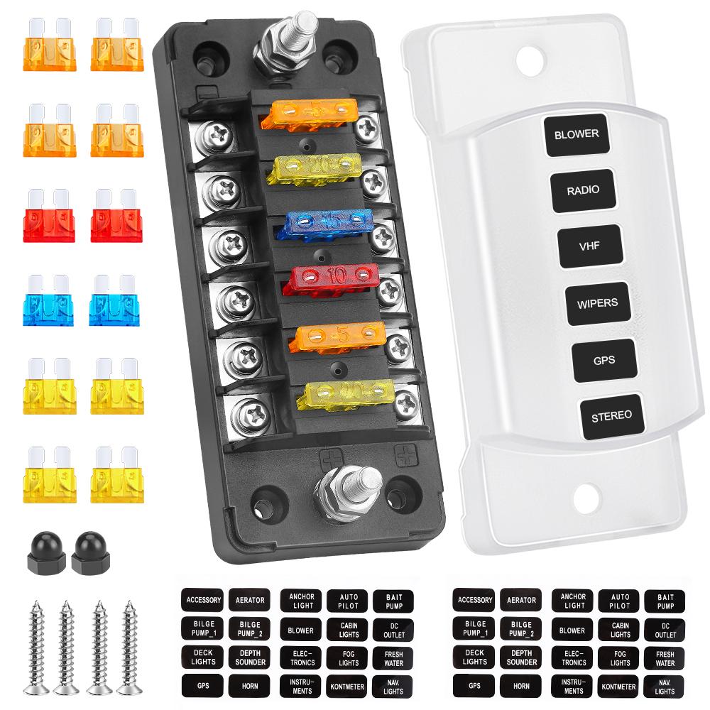 6 Ways Blade Fuse Block With Cover 6 Circuit Fuse Holder Fuse Block w/Negative Bus12-24V Car Boat Fuse Box Holder 6way