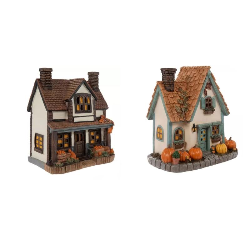 Lighted Pumpkin House Figurine Resin Cottage Statue Warm LED Lighted Decoration for Fall Table Centerpieces, Shelf Decors and Seasonal Home Display