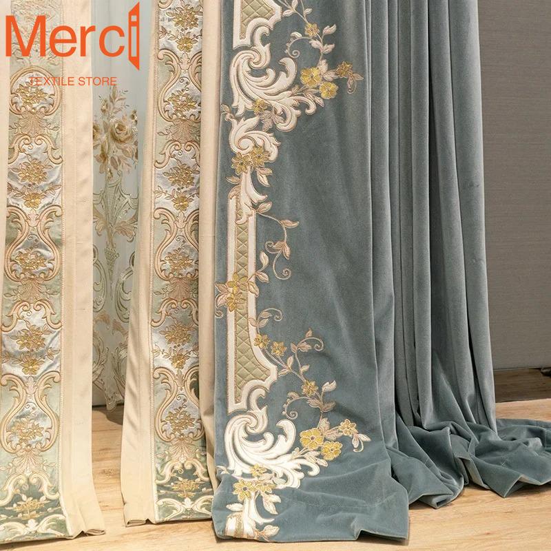 Luxury European Embroidered Thickened Blue Polyester Curtains Living Room Bedroom Lace Valance Tulle Curtain Light Blocking Ideal For Great