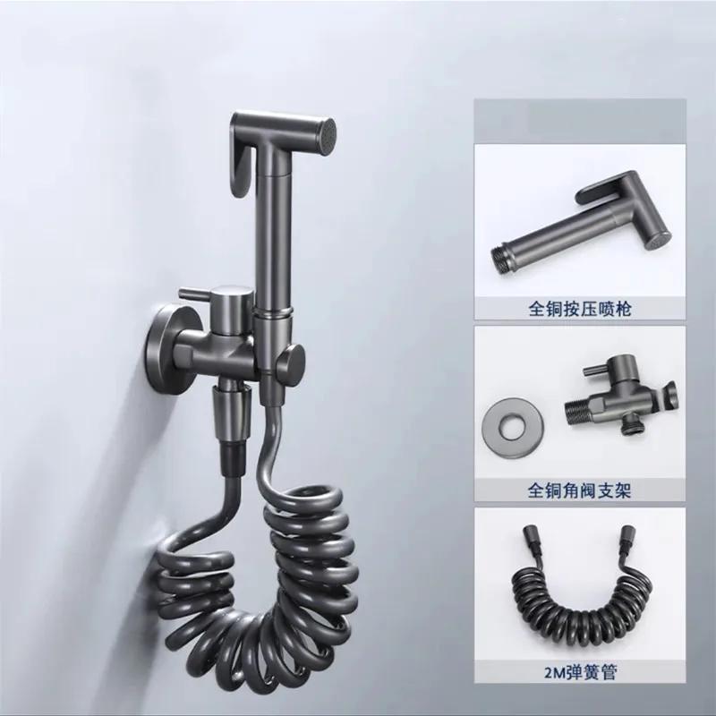 Toilet Shower Bidet Spray Gun Faucet Sets Wall Mounted Chrome/Black/Grey Metal Brass For Bathroom Toilet Spring PVC SS Hose