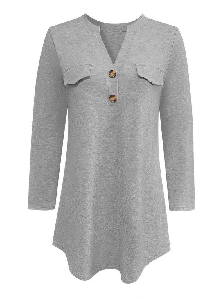 Women's V-Neck Button-Up Long Sleeve Top for Fall/Winter
