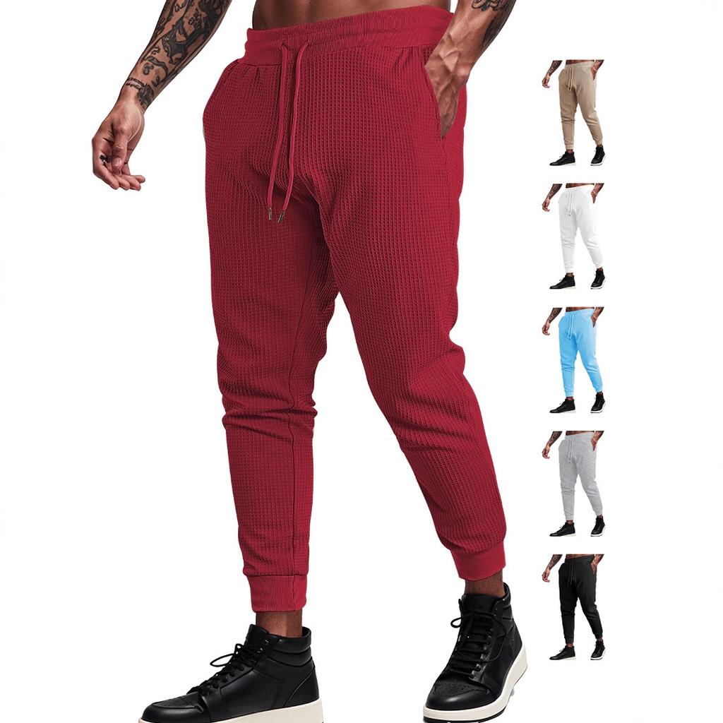 European and American men's clothing summer sports and leisure loose breathable solid color waffle men's tether trousers casual pants