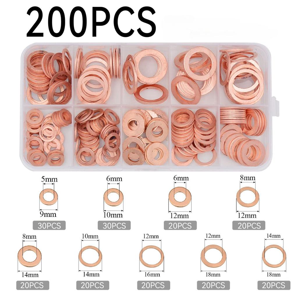 Juego de tuercas y pernos de junta de arandela de cobre, Kit surtido de sellos de anillo plano 50/100/200pcs tapones de sumidero