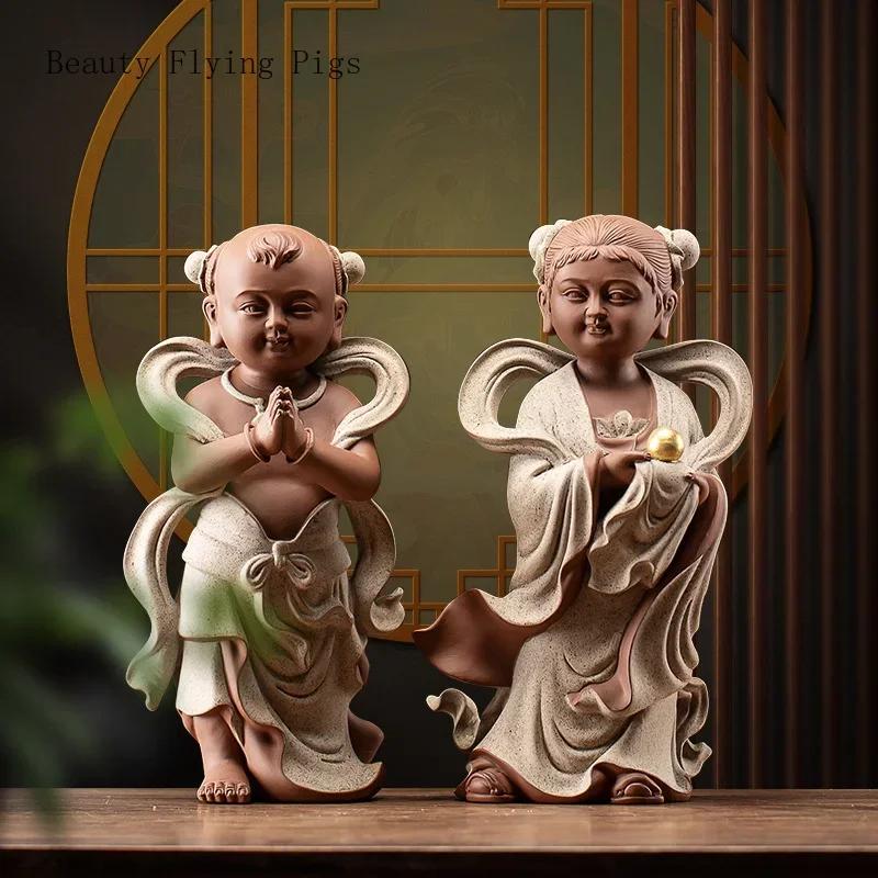 2PCS Ceramic Golden Boy and Jade Girl Ornament Traditional Chinese Feng Shui Lucky Crafts Living Room Accessories Gifts
