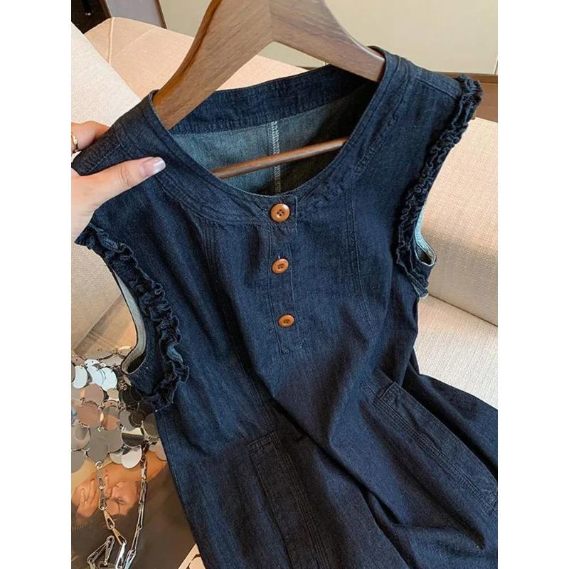 Women Denim Sleeveless Jumpsuit Ruffle Trim Button Front Romper