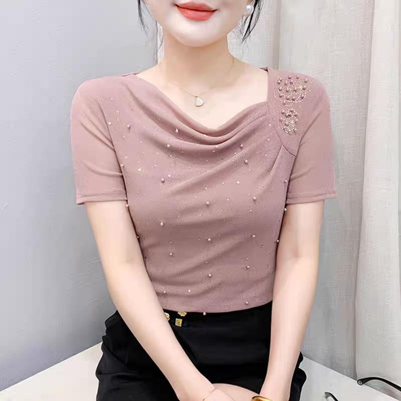 

Summer Women s Clothes T-Shirt Sexy Skew Collar Beading Female Tops Shirts Fashion Short Sleeve Slim Mesh Tees M