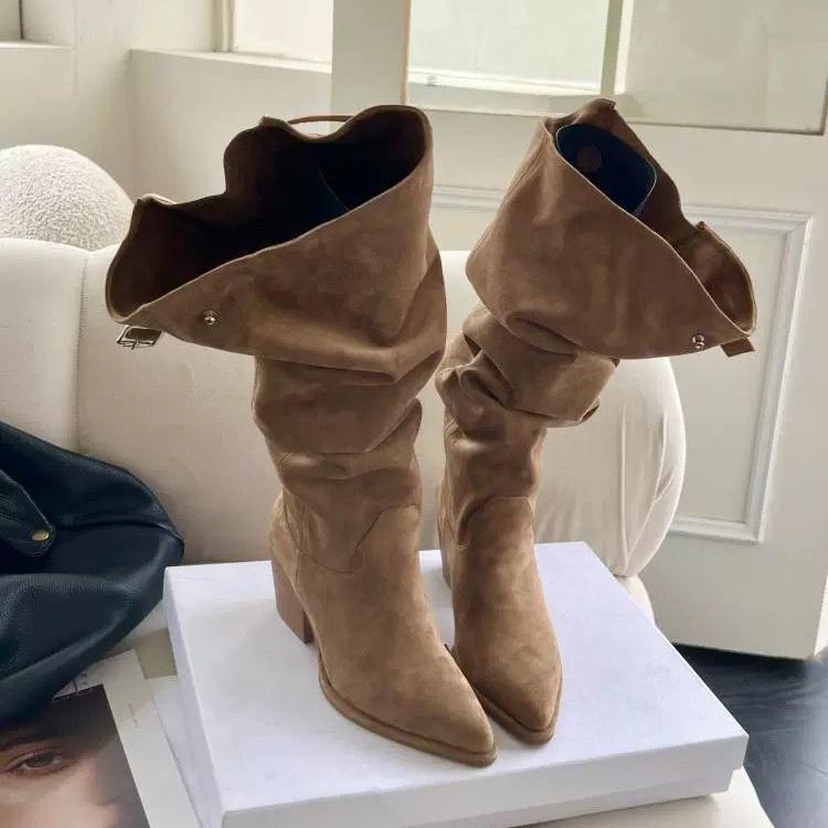 Stivali da Cavaliere Sottili con Tacco Alto Song Xixi 2025 Europei e Americani - Gambale Extra Largo, Tacco Chunky, Punta Sottile