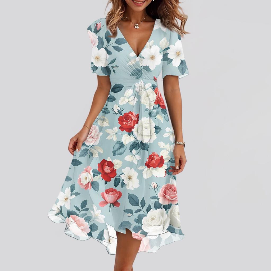 Dámské módní ležérní šaty s výstřihem do V, krátkým rukávem, volánky a vintage potiskem