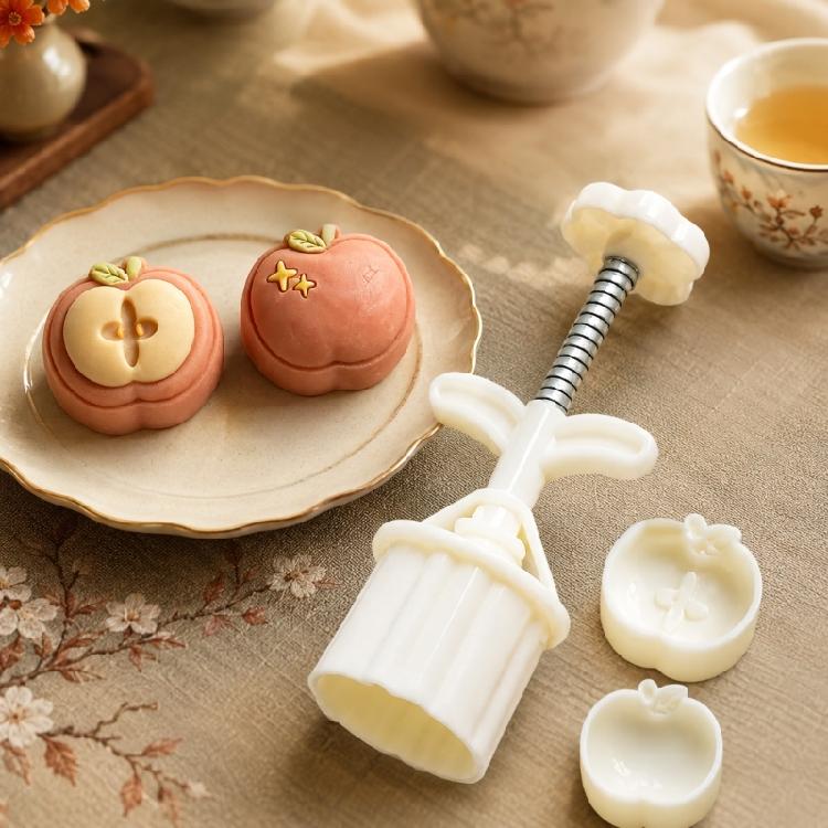 Family Baking Dessert Press with 2 Pattern Plates, 50g Plastic Mooncakes Pastry Tool and Spring Return Control for Decorative Treat Work, Home