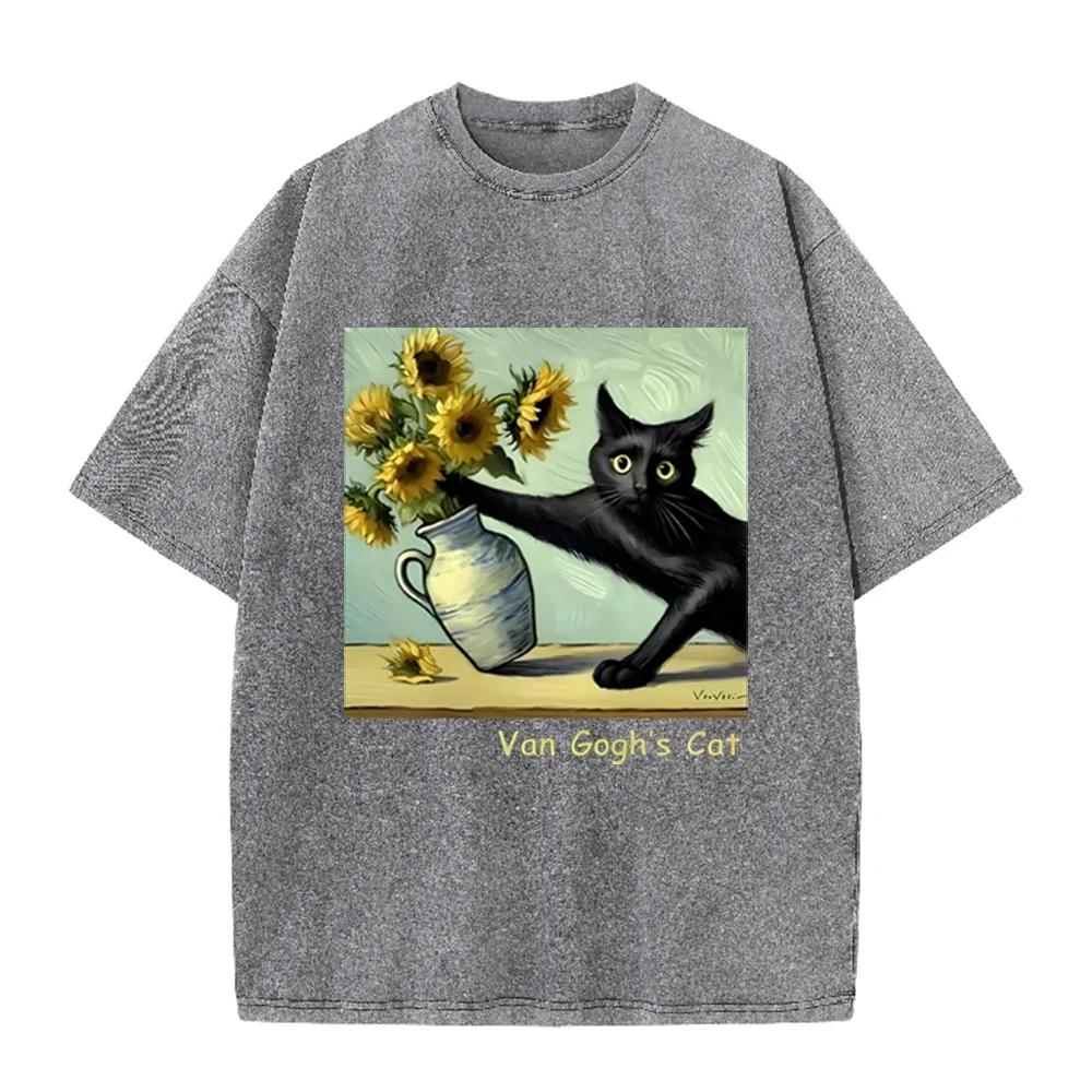 2026 Unisex Van Gogh Cat Art Print T Shirt Cotton Loose Short Sleeve Funny Graphic Harajuku Streetwear Summer Casual Tops