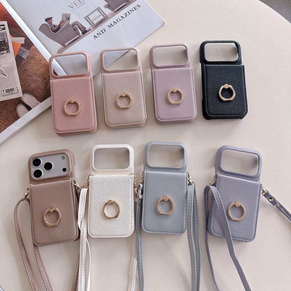 Crossbody Card Solt Ring Holder Flip Mirror Magnetic Wallet Leather Case For iPhone 17 Pro Max 16 Plus 15 14 13 12 Lanyard Cover
