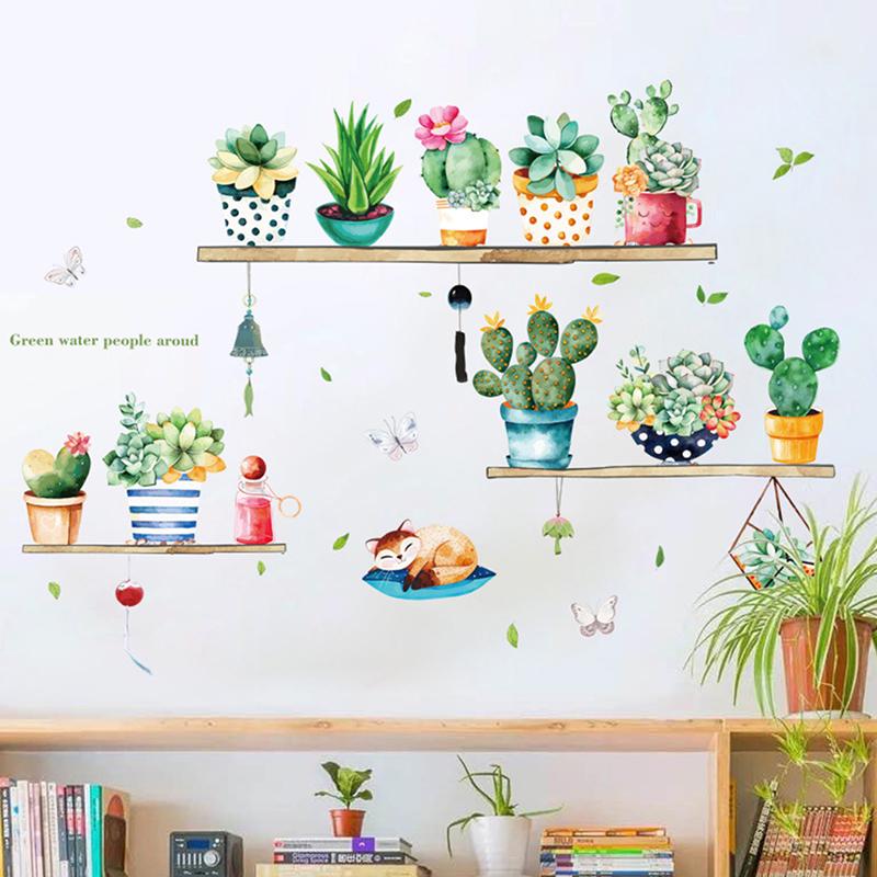 Cactus Potted Living Room Bedroom Tv Background Self-Adhesive Wall Stickers