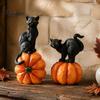 Black Cat Sculpture with Pumpkin Halloween Ornament, Vintage Wood Carving Style Decorative Resin Crafts for Entrance Figurine, Spooky Tabletop