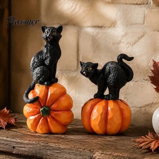 Black Cat Sculpture with Pumpkin Halloween Ornament, Vintage Wood Carving Style Decorative Resin Crafts for Entrance Figurine, Spooky Tabletop