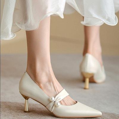 Fairy White French High Heels Female Pointed  New Spring and Autumn Wedding Shoes Niche Premium Pearl Single Shoes Small Heel