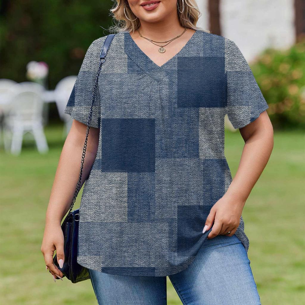 Women's Plus Size Fashionable Casual Loose-Fit Short Sleeve Elegant V Neck Blouse For Work
