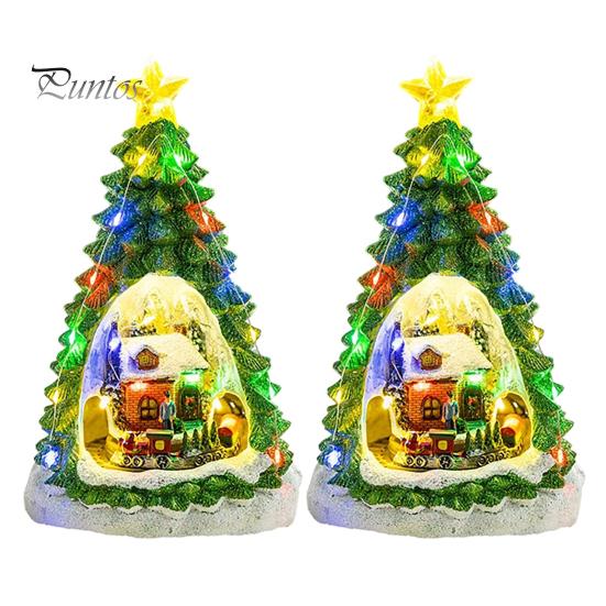 Resin Holiday Home Decor 2Pcs Christmas Train Music Box with Rotating Light, Snow Village Carousel Decorative Ornaments Ornament, Battery/USB Powered