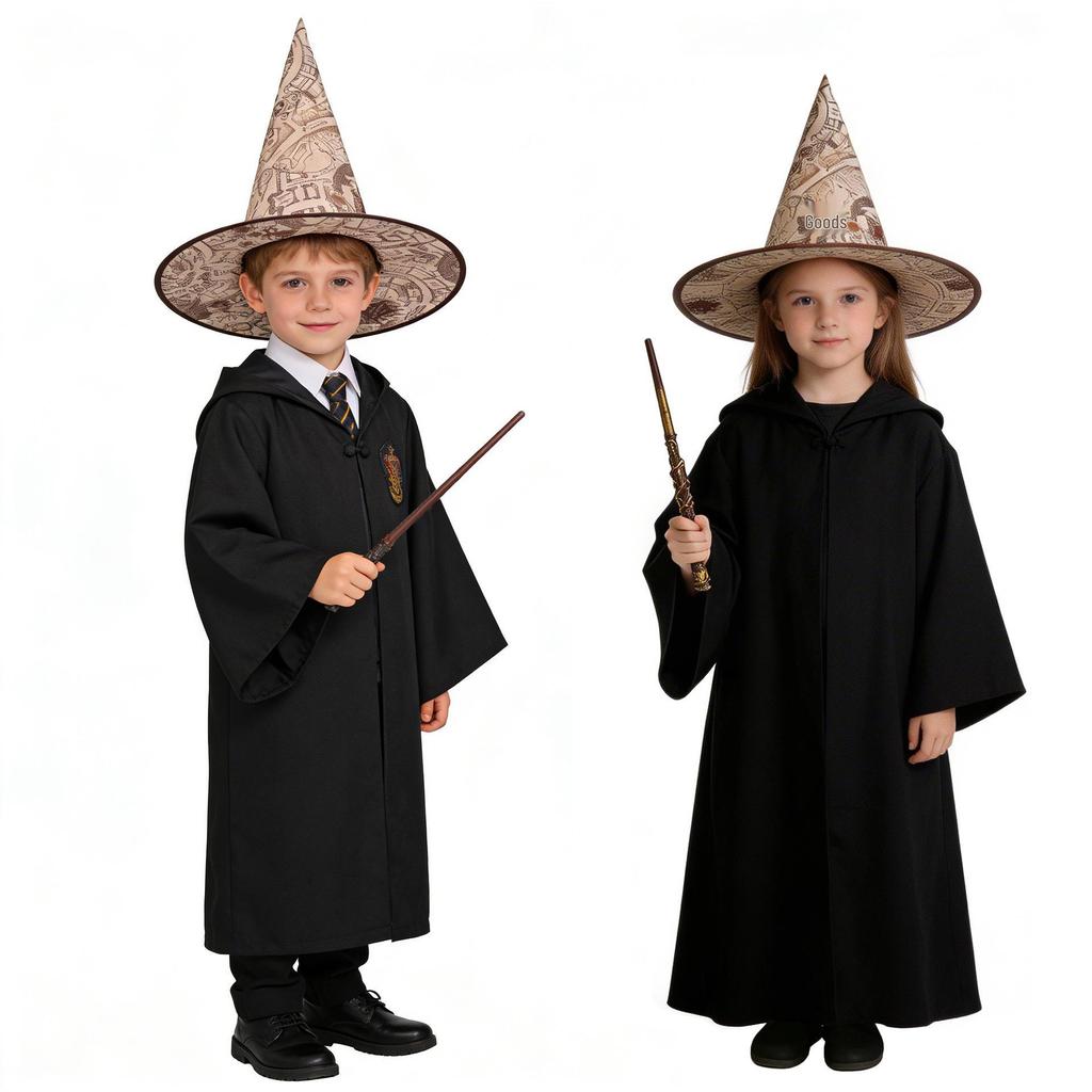 Black Ruffled Lace Velour Witch Hat with Harry Map Design