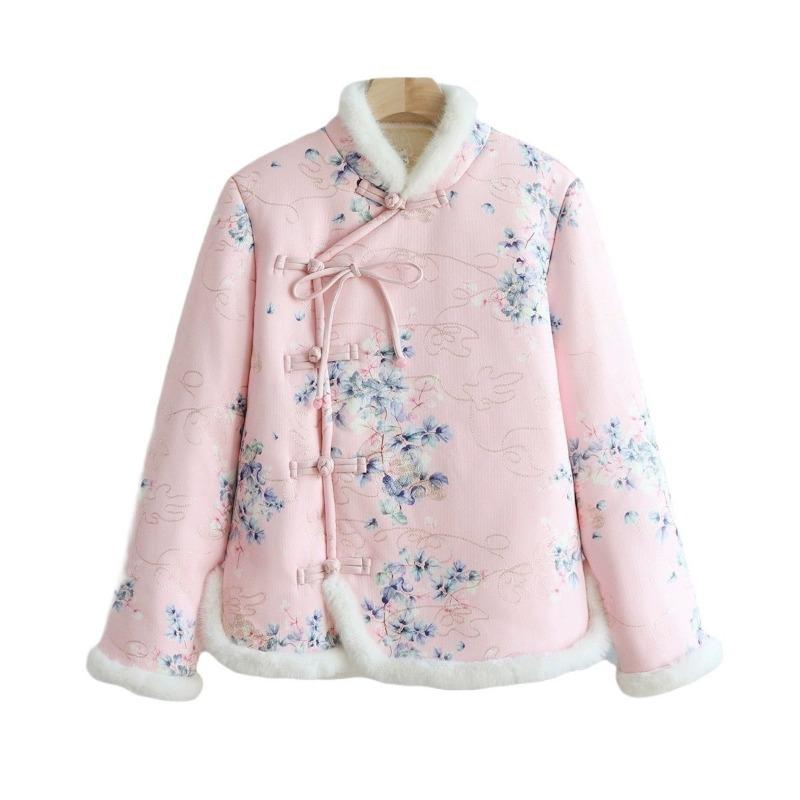 Retro Floral Large Padded Jacket for Women's Winter New Buckle Piled Thickened Padded Jacket