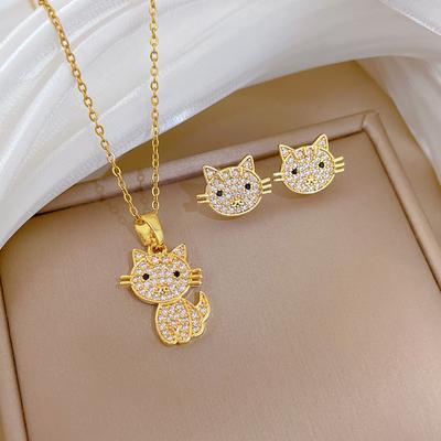 Full Diamond Cute Cat Suit Light Luxury Temperament Gorgeous Full Diamond Necklace Female Versatile Collarbone Titanium Steel Chain
