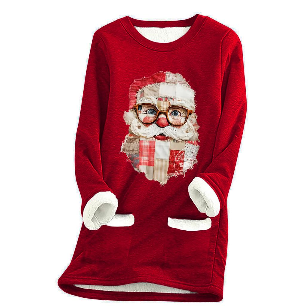 Ladies' Loose And Comfortable Round Neck Christmas Print Thick With Pockets Long Sleeved Top
