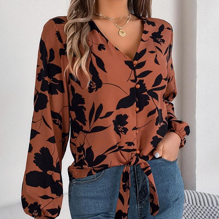 Women V-Neck Long Sleeve Blouse Stylish Print Shirt for Spring Autumn Season