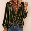 Women's Velvet V-Neck Zipper Long Sleeve Top, Fashion Casual Blouse
