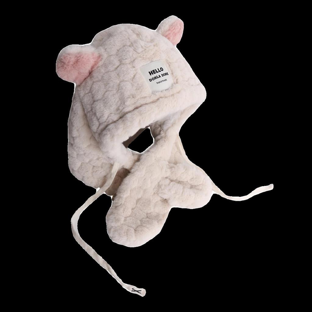 Bear plush hat scarf integrated women's autumn and winter thickened warm ear protection riding shows small face