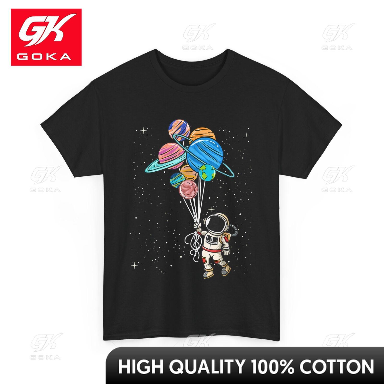 Astronomy Shirt Astronaut Holding Planet Balloons Unique Crew Neck Comfortable Cotton Graphic Shirt for Everyday Casual S