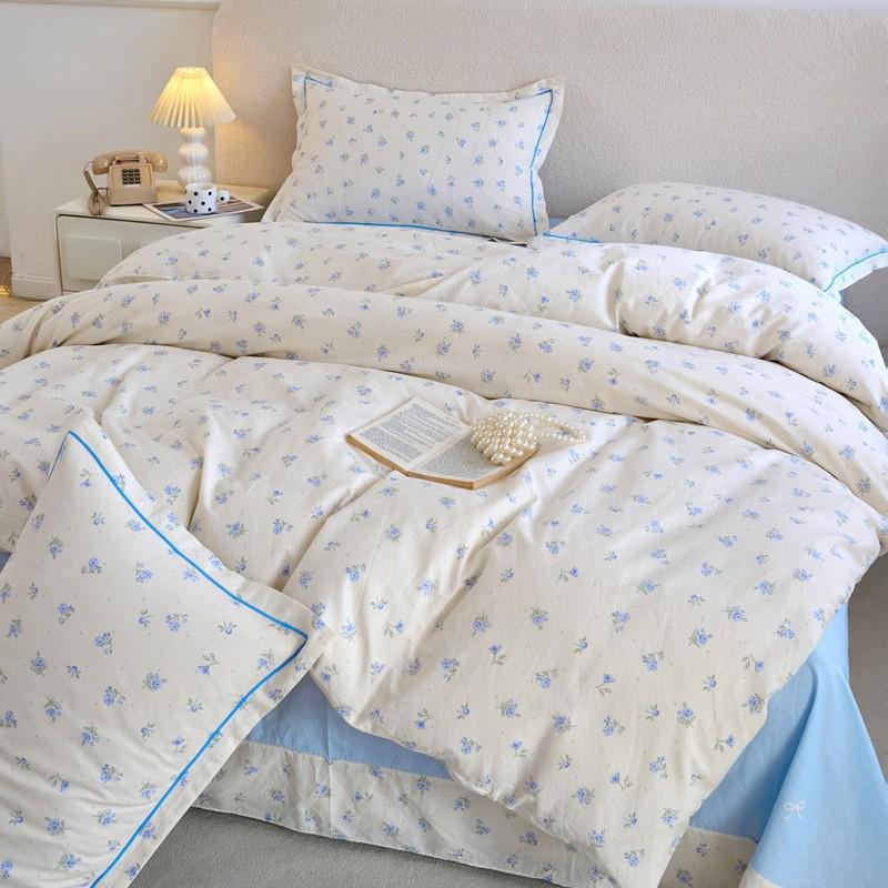 Fresh & Simple Pure Cotton Four-Piece Printed Dorm Set – Includes Three-Piece All-Cotton Bed Sheet, Bed Skirt, and Bedding Set.