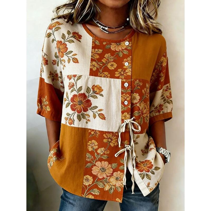 Women's Vintage Patchwork Floral Print Casual Blouse, Button Tie Front Loose Top for Spring Summer Daily Wear