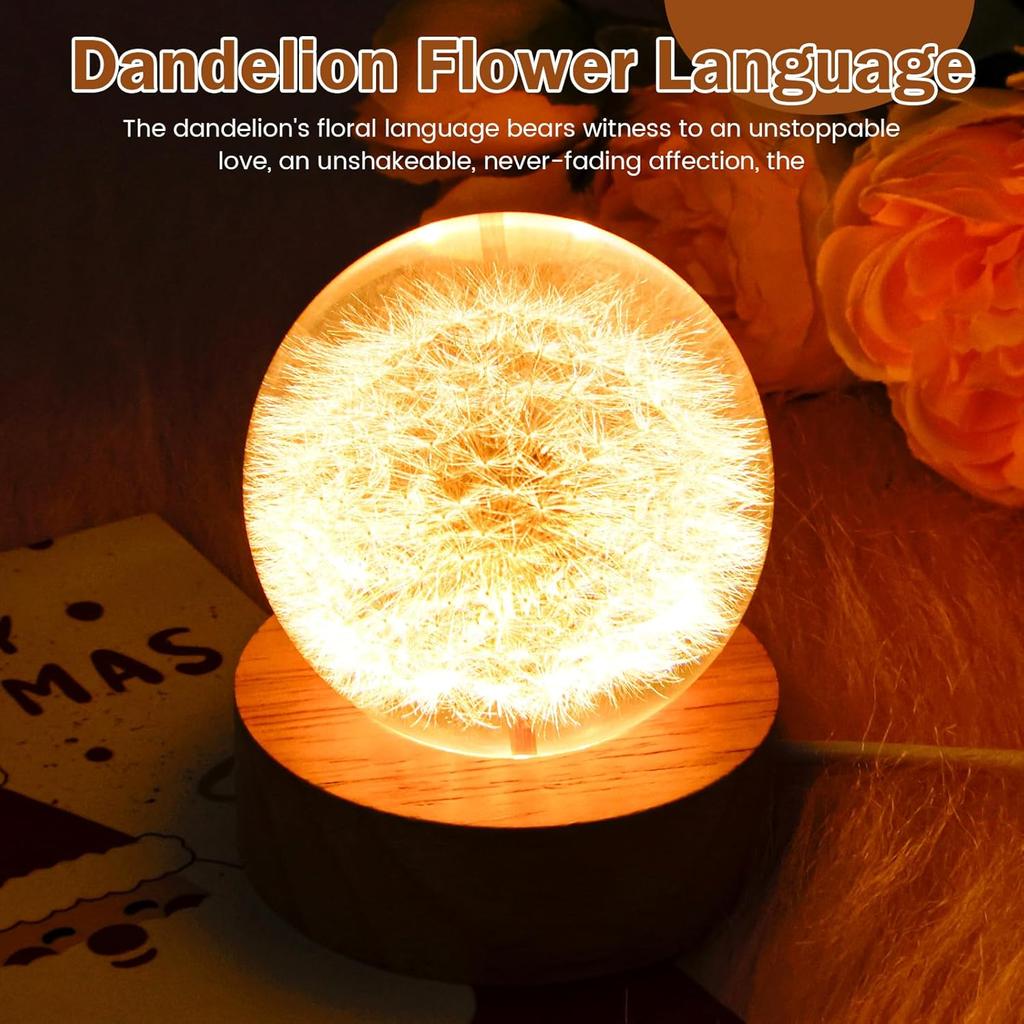 Crystal Dandelion Ball Night Light with Wooden Base USB Powered Dandelion Crystal Ball Night Lamp Fancy 3D LED Night Light Portable Night Lamp