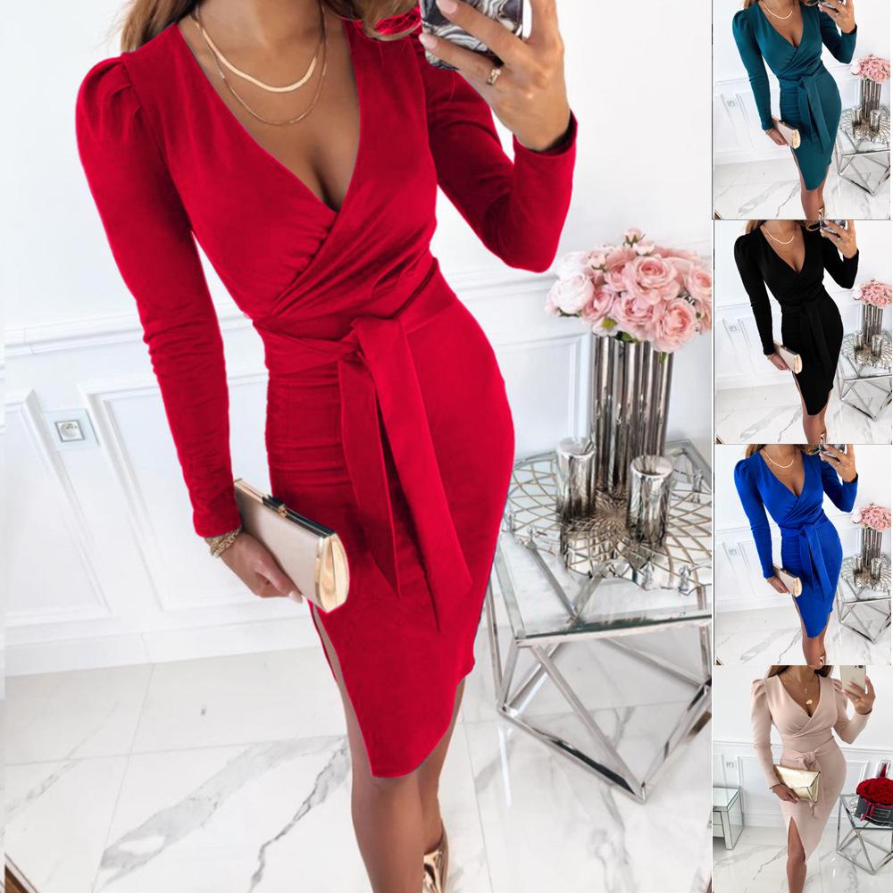 Autumn V-neck Tie-up Dress: Sexy, Elegant, Solid Color for Women