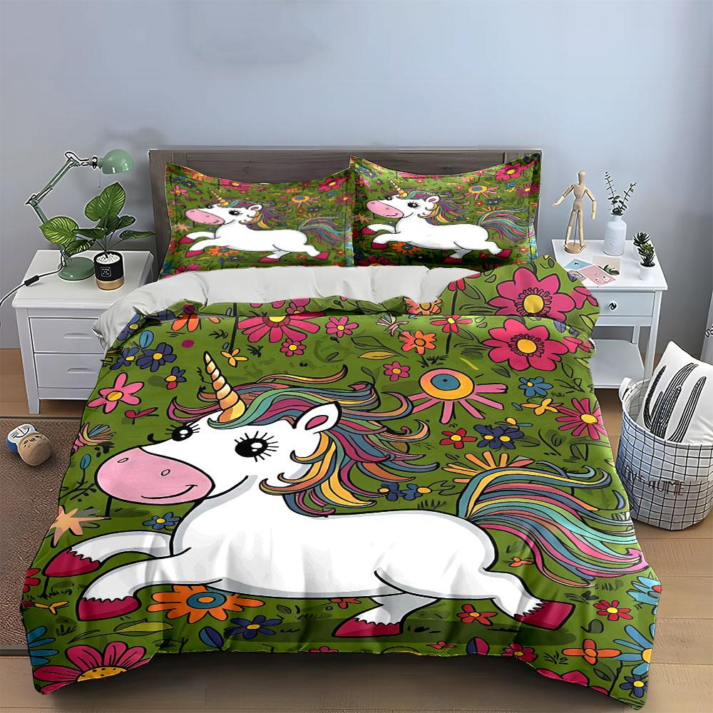 Unicorn and Floral Bedding Set Bedding Duvet Cover Set Duvet Cover Pillowcases (1 * Duvet Cover 2 * Pillowcases, Without Duvet Insert)