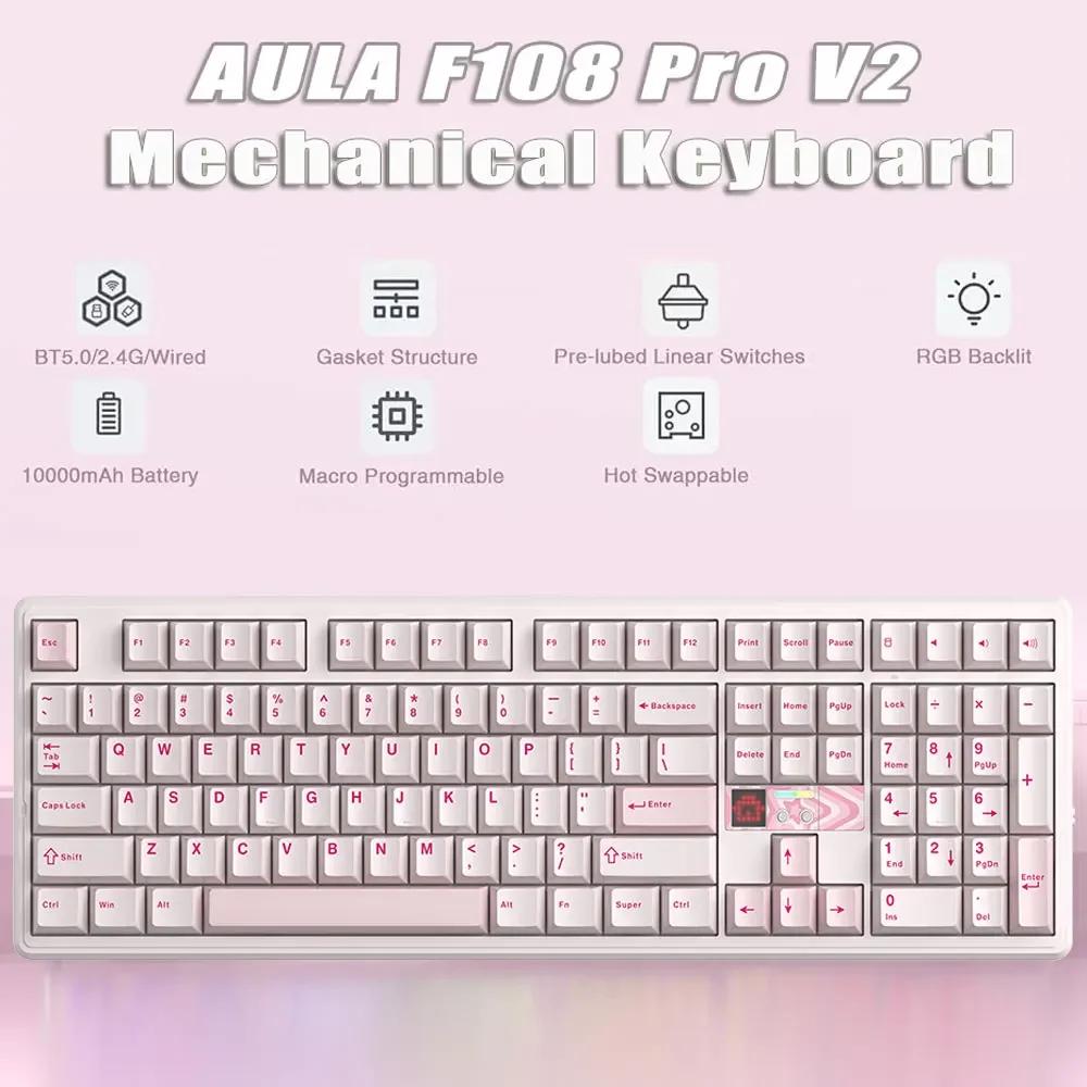 AULA F108 Pro V2 8KHz Polling Rate 10000mAh Tri-Mode Wireless Gaming Keyboard 100% Full Size RGB Hot-swap Gasket TFT Screen Mech
