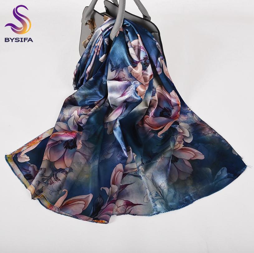 

[BYSIFA] Fall New Silk Scarf Hijab Printed Elegant Green Plum Blossom Satin Long Scarves Shawls Winter Women Accessories Wraps