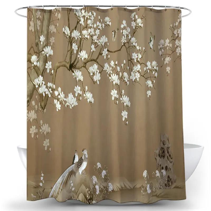 Flowers Birds Bath Curtain Waterproof Fabric Shower Curtains Floral Leaves Printing Bathroom Screen Landscape Home Decoration