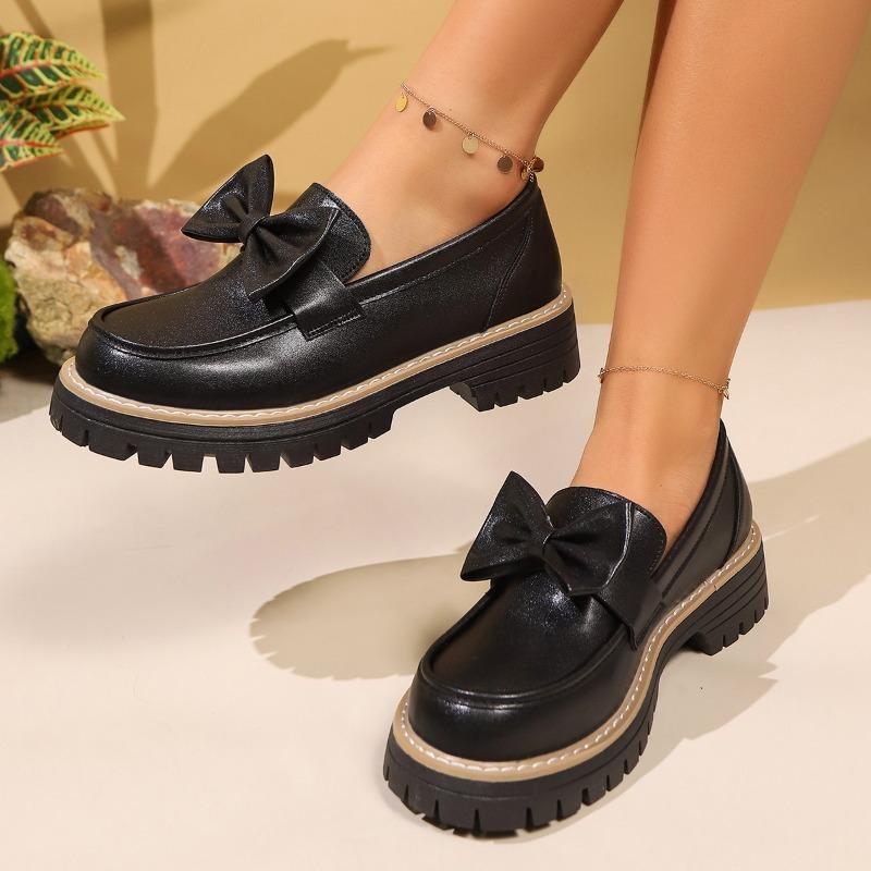 Women's Wide Width Bow Detail Loafers, Round Toe Striped Driving Shoes, British Style Retro Flats for Women